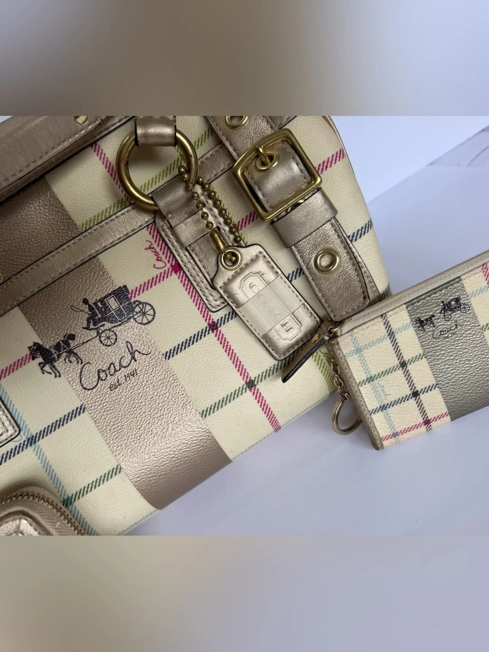 Vintage 2008 Coach 13040 Heritage Stripe Tattersall Plaid Satchel Wallet 3PC Set